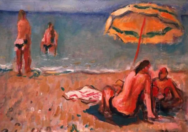 Sulla spiaggia, 1980-’81, olio su tela, cm 50x70, Amalfi, collezione privata
